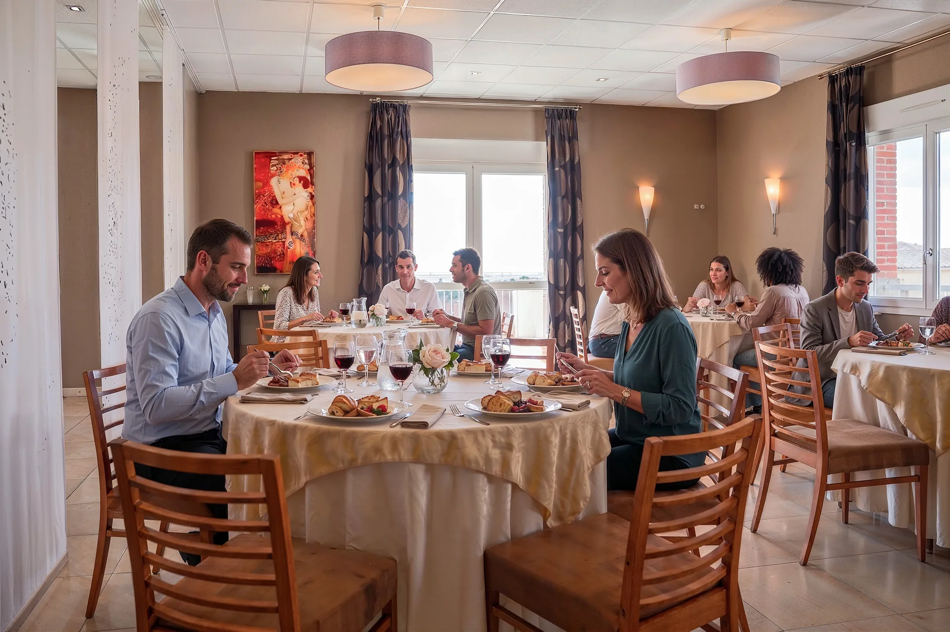 Repas de groupe dans la salle de réception du Pré en Bulles – anniversaire, baptême, cousinade en Champagne, Trépail Montagne de Reims entre Reims et Épernay