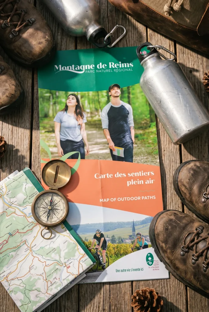 Carte des sentiers plein air du Parc naturel régional de la Montagne de Reims, dépliée sur une table en bois avec boussole, gourde et chaussures de randonnée