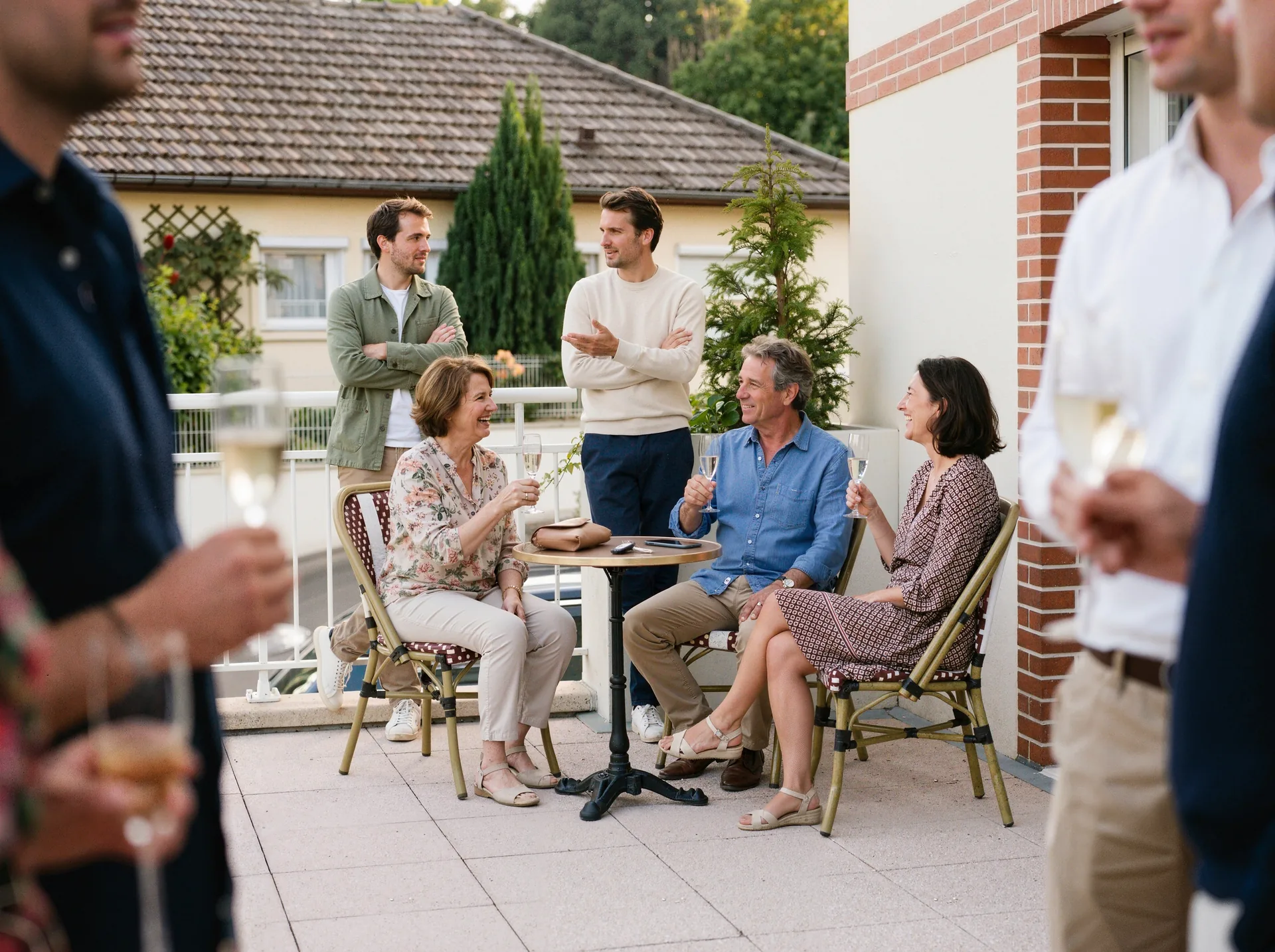 Salle de réception Pré en Bulles, apéritif champagne sur la terrasse, à Trépail, tourisme Montagne de Reims